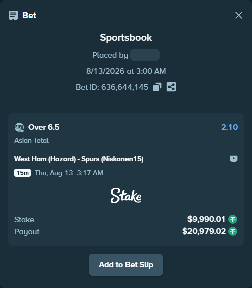 Bet slip: West Ham (Hazard) - Spurs (Niskanen15), $10,000.00 stake at 2.10 odds, placed by Pobedaone555