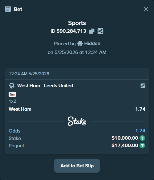 Bet slip: West Ham - Leeds United, $10,000.00 stake at 1.74 odds, placed by Hidden