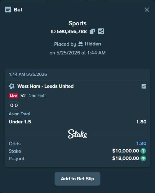 Bet slip: West Ham - Leeds United, $10,000.00 stake at 1.80 odds, placed by Hidden