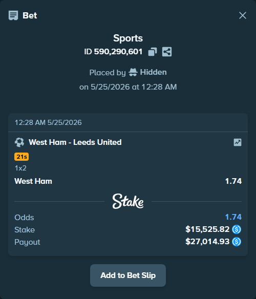 Bet slip: West Ham - Leeds United, $15,525.82 stake at 1.74 odds, placed by Hidden