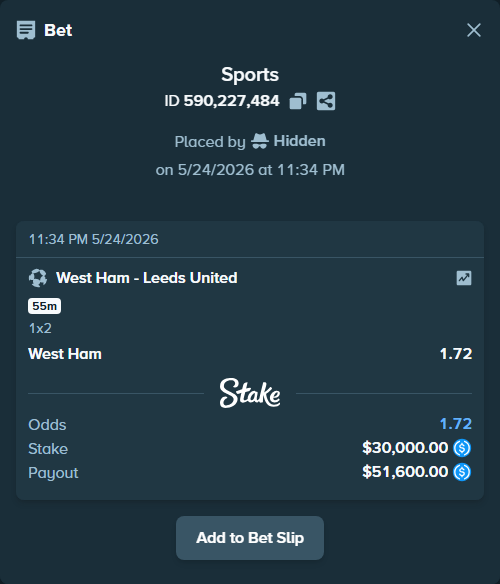 Bet slip: West Ham - Leeds United, $30,000.00 stake at 1.72 odds, placed by Hidden