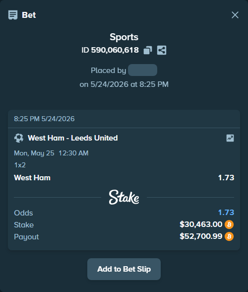 Bet slip: West Ham - Leeds United, $25,417.11 stake at 1.73 odds, placed by Espnik