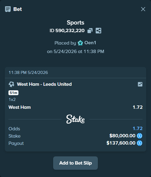 Bet slip: West Ham - Leeds United, $80,000.00 stake at 1.72 odds, placed by Oen1