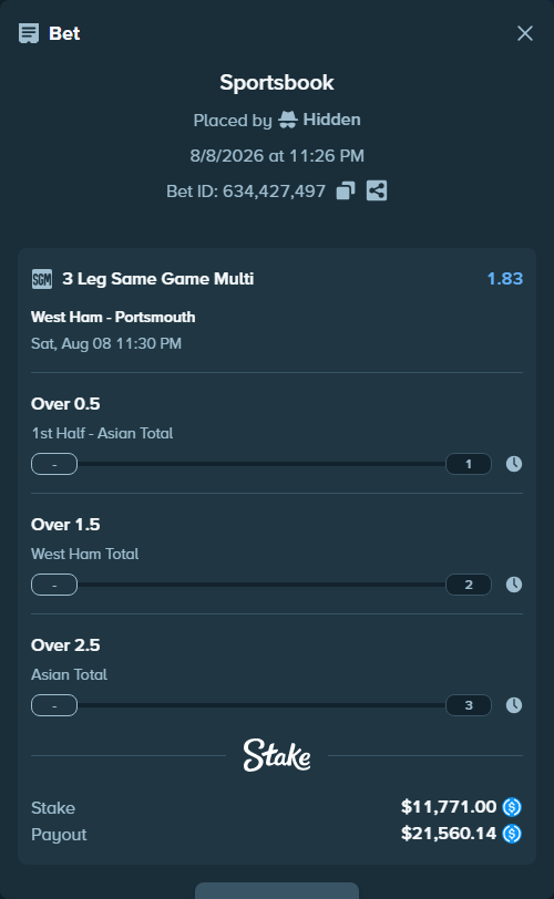 Bet slip: West Ham - Portsmouth, $11,771.00 stake at 1.28 odds, placed by Hidden