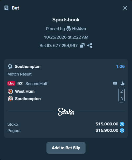 Bet slip: West Ham - Southampton, $15,000.00 stake at 1.06 odds, placed by martinesor