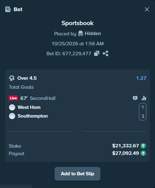 Bet slip: West Ham - Southampton, $21,354.00 stake at 1.27 odds, placed by Hidden