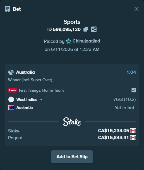 Bet slip: West Indies - Australia, $11,273.20 stake at 1.04 odds, placed by Chinujaatjind
