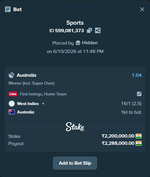 Bet slip: West Indies - Australia, $26,400.00 stake at 1.04 odds, placed by Hidden