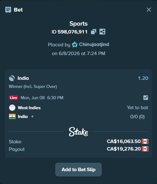 Bet slip: West Indies - India, $11,886.99 stake at 1.20 odds, placed by Chinujaatjind