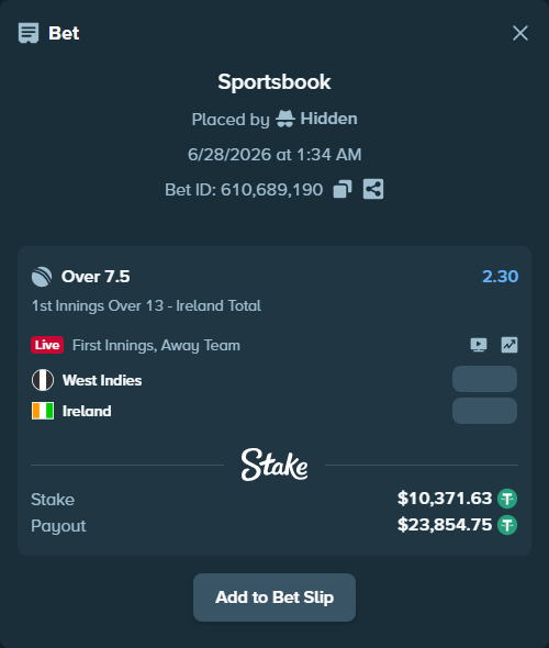 Bet slip: West Indies - Ireland, $10,382.00 stake at 2.30 odds, placed by Hidden