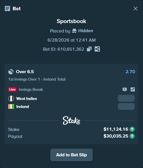Bet slip: West Indies - Ireland, $11,135.29 stake at 2.70 odds, placed by Hidden