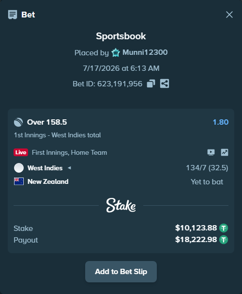 Bet slip: West Indies - New Zealand, $10,134.00 stake at 1.80 odds, placed by Munni12300