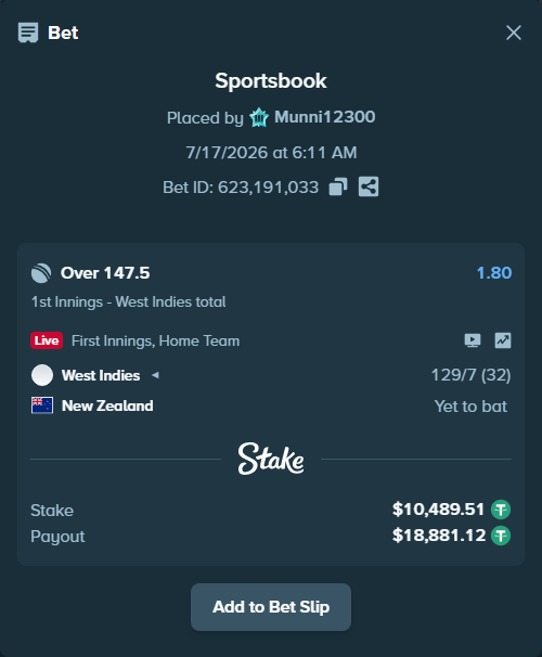 Bet slip: West Indies - New Zealand, $10,500.00 stake at 1.80 odds, placed by Munni12300