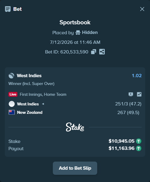 Bet slip: West Indies - New Zealand, $10,956.00 stake at 1.02 odds, placed by Hidden
