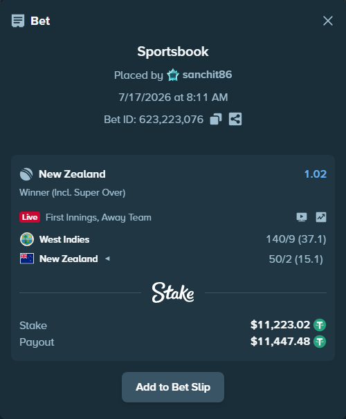 Bet slip: West Indies - New Zealand, $11,234.25 stake at 1.02 odds, placed by sanchit86