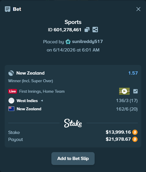 Bet slip: West Indies - New Zealand, $14,021.81 stake at 1.57 odds, placed by sunilreddy517