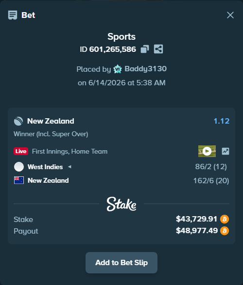 Bet slip: West Indies - New Zealand, $43,744.40 stake at 1.12 odds, placed by Baddy3130