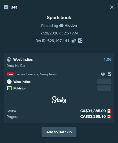 Bet slip: West Indies - Pakistan, $23,224.90 stake at 1.06 odds, placed by Hidden