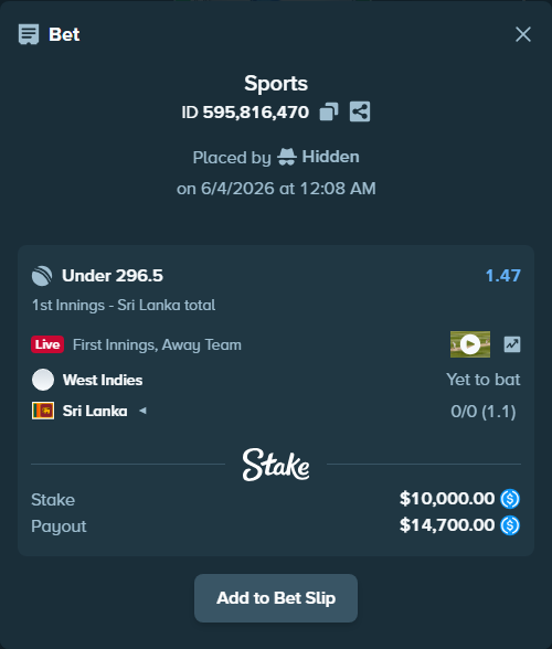 Bet slip: West Indies - Sri Lanka, $10,000.00 stake at 1.47 odds, placed by Hidden