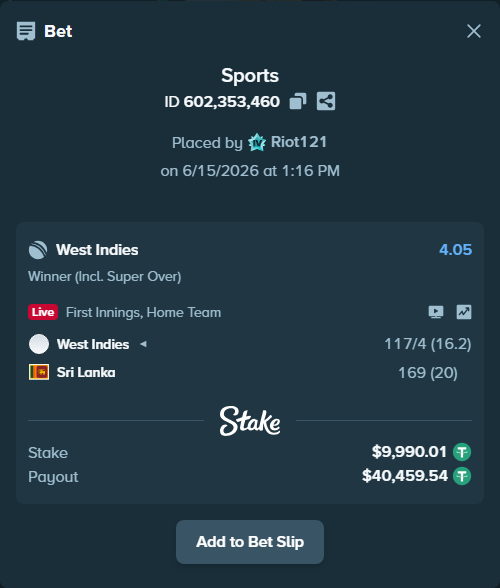 Bet slip: West Indies - Sri Lanka, $10,000.00 stake at 4.05 odds, placed by Riot121