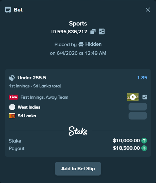 Bet slip: West Indies - Sri Lanka, $10,010.00 stake at 1.85 odds, placed by Hidden