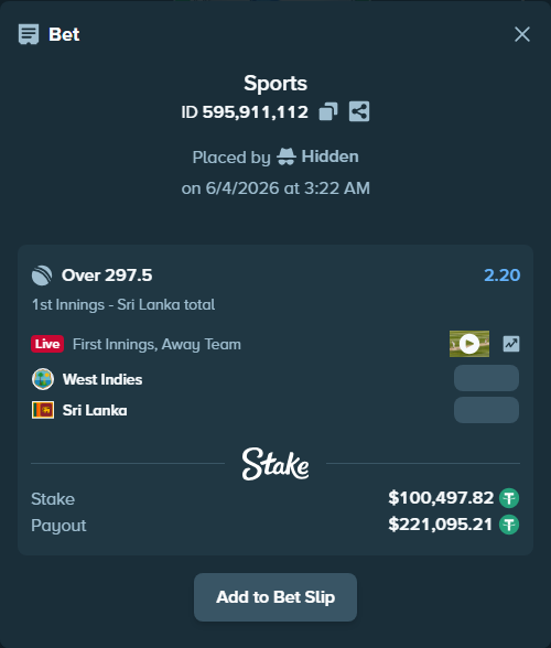 Bet slip: West Indies - Sri Lanka, $100,598.32 stake at 2.20 odds, placed by Hidden