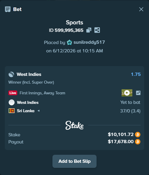 Bet slip: West Indies - Sri Lanka, $10,222.04 stake at 1.75 odds, placed by sunilreddy517