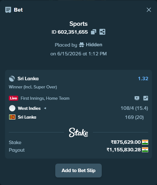 Bet slip: West Indies - Sri Lanka, $10,507.55 stake at 1.32 odds, placed by Hidden