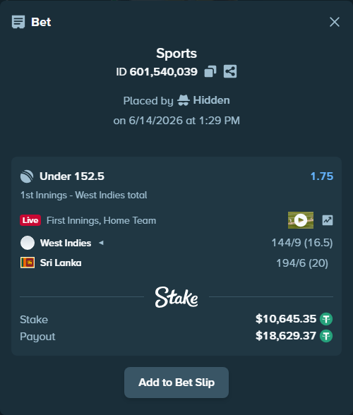 Bet slip: West Indies - Sri Lanka, $10,656.00 stake at 1.75 odds, placed by Hidden