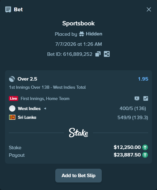 Bet slip: West Indies - Sri Lanka, $12,262.25 stake at 1.95 odds, placed by Hidden
