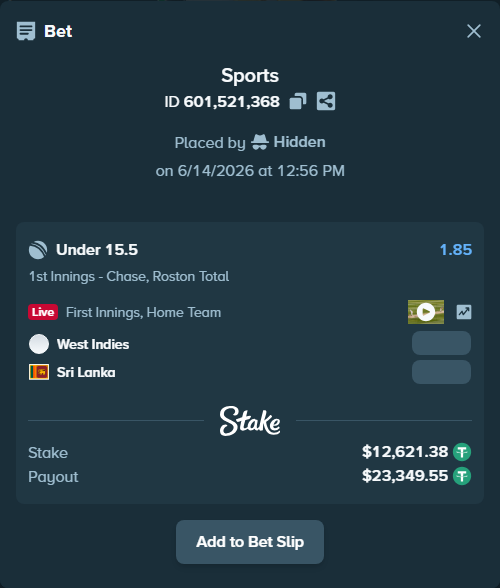 Bet slip: West Indies - Sri Lanka, $12,634.00 stake at 1.85 odds, placed by Hidden