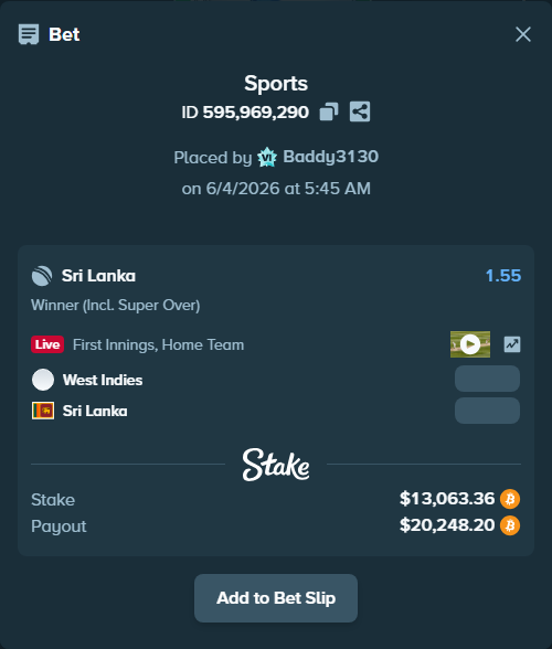 Bet slip: West Indies - Sri Lanka, $12,866.00 stake at 1.55 odds, placed by Baddy3130
