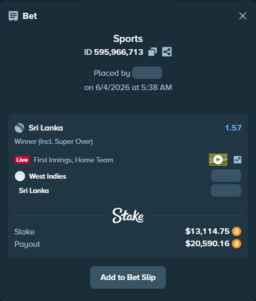 Bet slip: West Indies - Sri Lanka, $12,866.00 stake at 1.57 odds, placed by Baddy3130