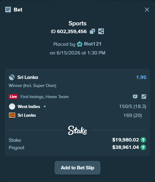 Bet slip: West Indies - Sri Lanka, $20,000.00 stake at 1.95 odds, placed by Riot121