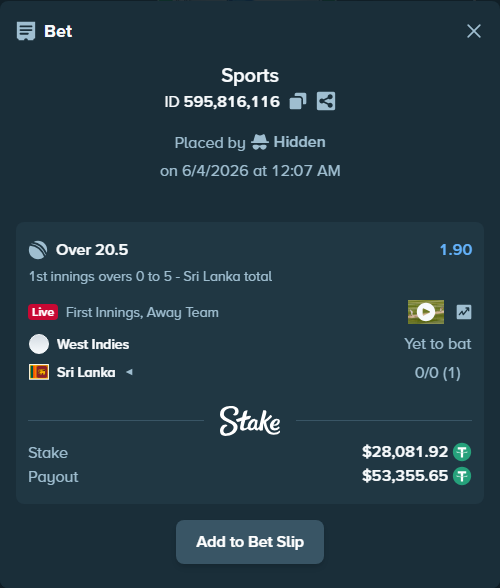 Bet slip: West Indies - Sri Lanka, $28,110.00 stake at 1.90 odds, placed by Hidden