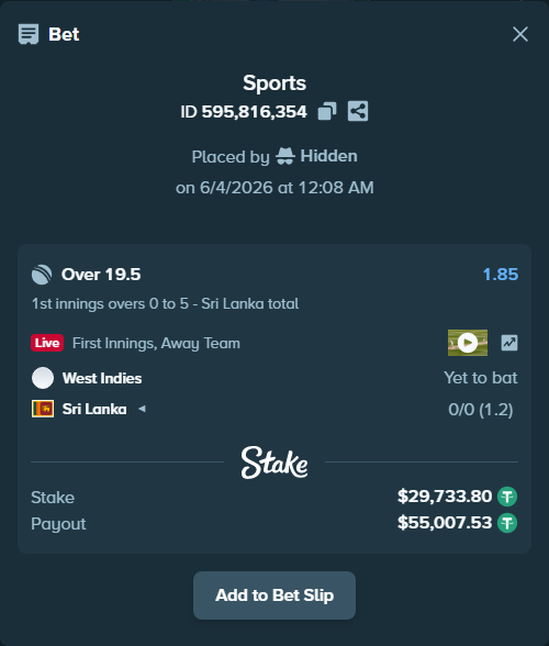 Bet slip: West Indies - Sri Lanka, $29,763.53 stake at 1.85 odds, placed by Hidden