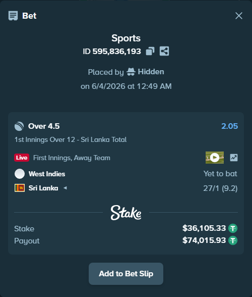 Bet slip: West Indies - Sri Lanka, $36,141.43 stake at 2.05 odds, placed by Hidden