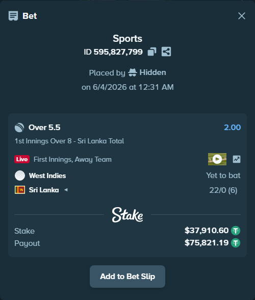 Bet slip: West Indies - Sri Lanka, $37,948.51 stake at 2.00 odds, placed by Hidden