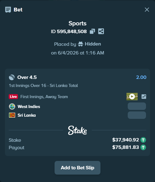 Bet slip: West Indies - Sri Lanka, $37,978.86 stake at 2.00 odds, placed by Hidden