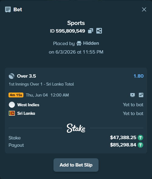 Bet slip: West Indies - Sri Lanka, $47,435.63 stake at 1.80 odds, placed by Hidden