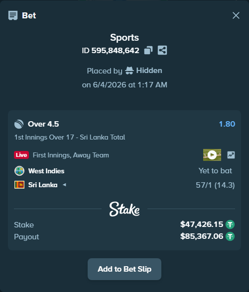 Bet slip: West Indies - Sri Lanka, $47,473.57 stake at 1.80 odds, placed by Hidden