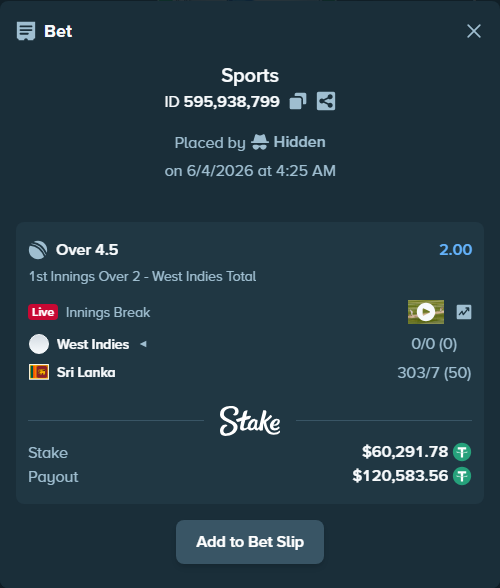 Bet slip: West Indies - Sri Lanka, $60,352.07 stake at 2.00 odds, placed by Hidden