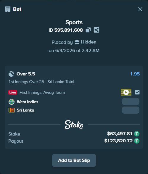 Bet slip: West Indies - Sri Lanka, $63,561.30 stake at 1.95 odds, placed by Hidden