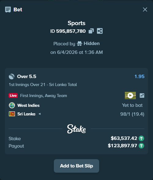 Bet slip: West Indies - Sri Lanka, $63,600.96 stake at 1.95 odds, placed by Hidden