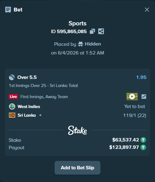 Bet slip: West Indies - Sri Lanka, $63,600.96 stake at 1.95 odds, placed by Hidden