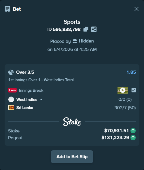 Bet slip: West Indies - Sri Lanka, $71,002.44 stake at 1.85 odds, placed by Hidden