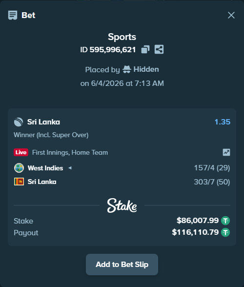 Bet slip: West Indies - Sri Lanka, $86,094.00 stake at 1.35 odds, placed by Hidden