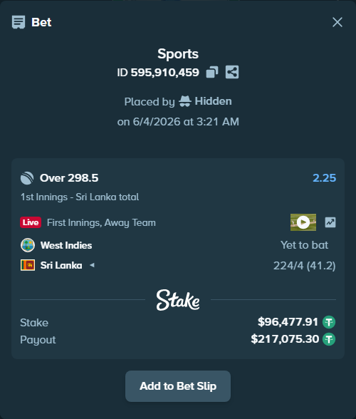Bet slip: West Indies - Sri Lanka, $96,574.39 stake at 2.25 odds, placed by Hidden