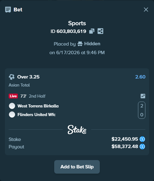 Bet slip: West Torrens Birkalla - Flinders United Wfc, $22,450.95 stake at 2.60 odds, placed by Hidden