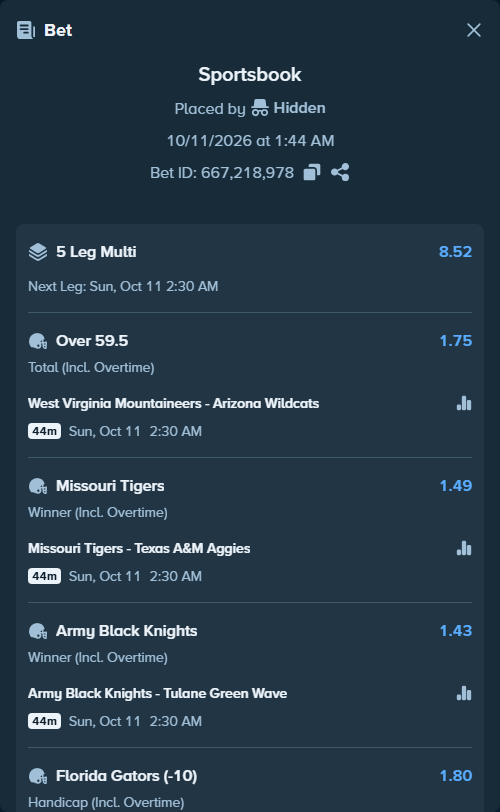 Bet slip: West Virginia Mountaineers - Arizona Wildcats, $15,436.53 stake at 1.75 odds, placed by Hidden